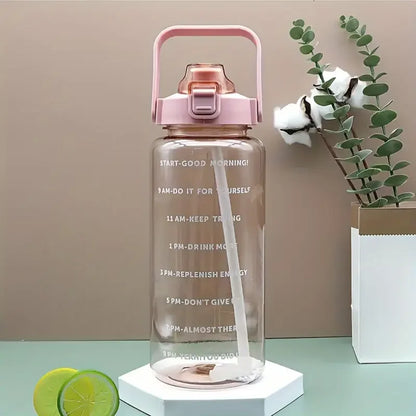 2L Large Capacity Plastic Straw Water Bottle with Time Marker Leak-Proof Design for Outdoor Sports Fitness Travel Hydration Cup