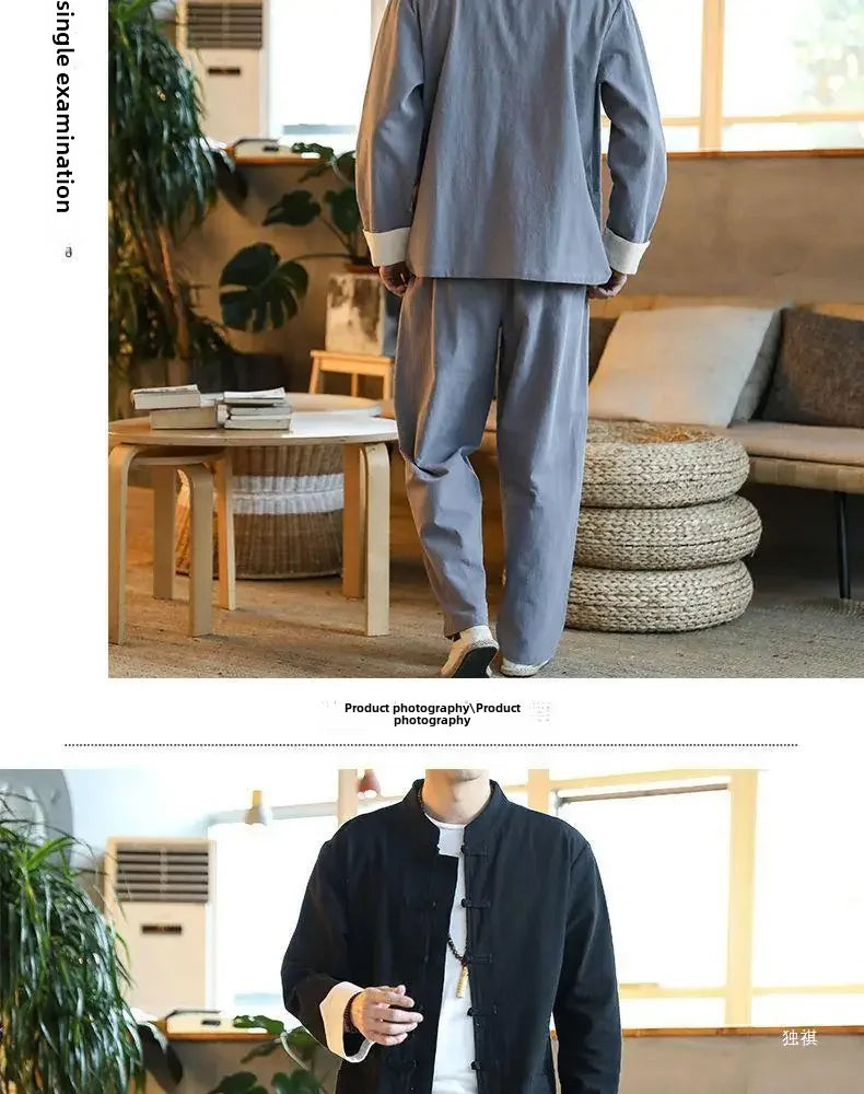 Traditional Chinese Men's Tang Suit Cotton Linen Ancient Costume Tea Servant Zen Meditation Clothing Middle Mountain Hanfu