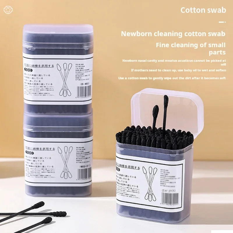 New Boxed Black Cotton Swabs Japanese Earpick Cotton Swabs Clean Blackhead Earpick Disposable Double-ended Cotton Swabs