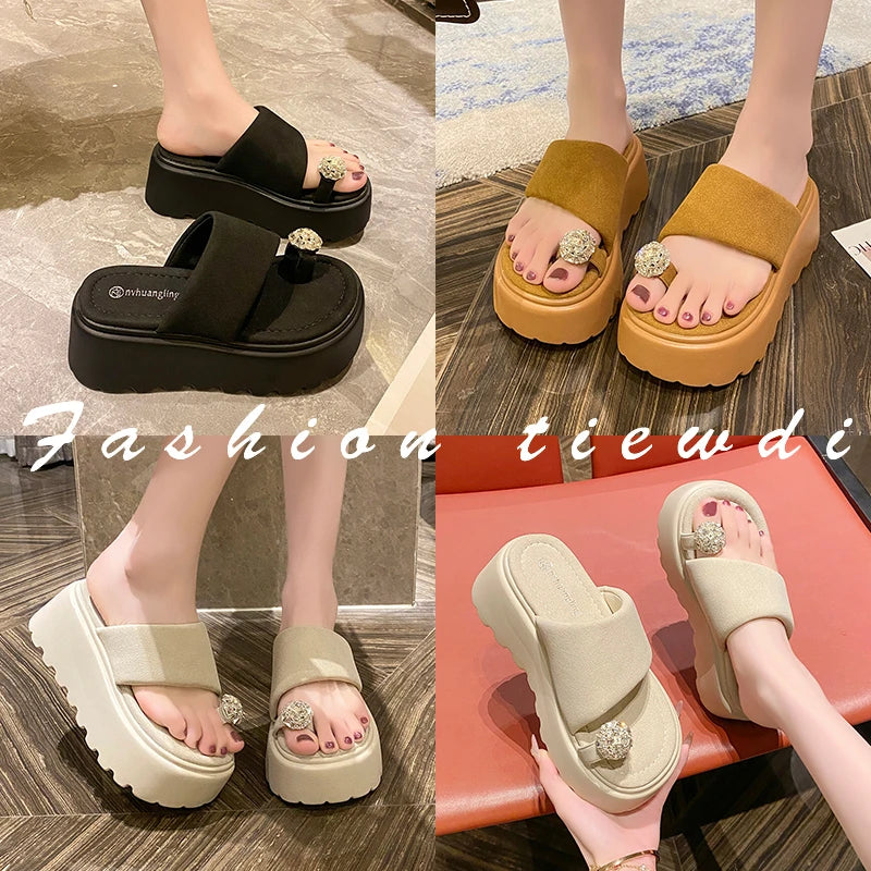 7cm Shiny Rhinestone High Platform Slippers Women Butterfiy-Knot Heels Chunky Sandals Woman Summer Thick Bottom Wedges Slides