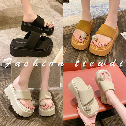 7cm Shiny Rhinestone High Platform Slippers Women Butterfiy-Knot Heels Chunky Sandals Woman Summer Thick Bottom Wedges Slides