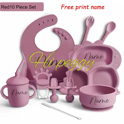 Baby Silicone Tableware Dinosaur Plate Dishes For Kids Personalized Name Baby Feeding Sets Fruit Feeder Baby Led Weaning Supplie