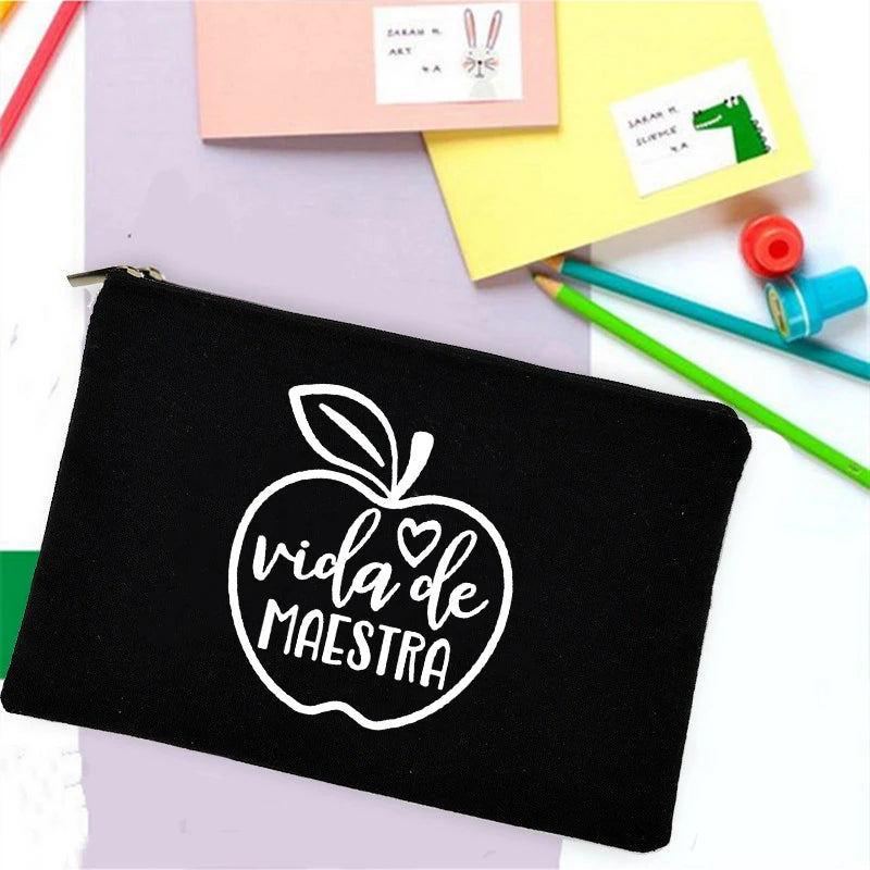 School Stationery Supplies Storage Bags  Rainbow Teacher Spanish Printed Teacher Pencil Cases Travel Wash Pouch Gifts Makeup Bag