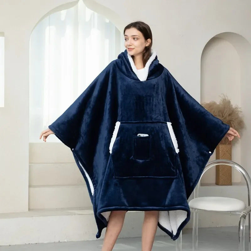 Winter Thickened Wearable Blanket Hooded Lazy European American Style Plus Size Home Casual Wear Flange Lamb Velvet TV Blankets