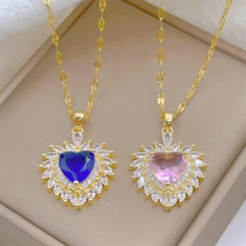 Exquisite and Cute Micro-paved Pink Necklace, Fashionable Retro Style Versatile Stainless Steel Clavicle Chain