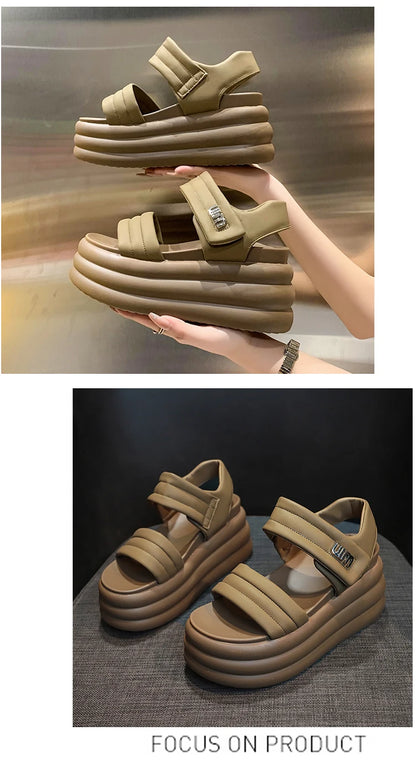 2025 Summer Women Chunky Sandals Leather High Platform Trainers Breathable Casual Slippers Shoes Woman 8.5CM Heels Wedge Sneaker