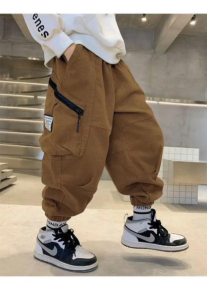 Boys Spring Autumn Children's Clothing Cargo Pants Children's Casual Large Size Sweatpants Boys Fashion Fake Zippers Cargo Pants