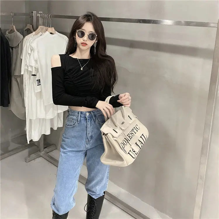 Women's T Shirts Off Shoulder Tees Sexy Plain Slim Black 2024 Tshirts 2000s Trend Female Tops Cool Wholesale Clothes Alt New In
