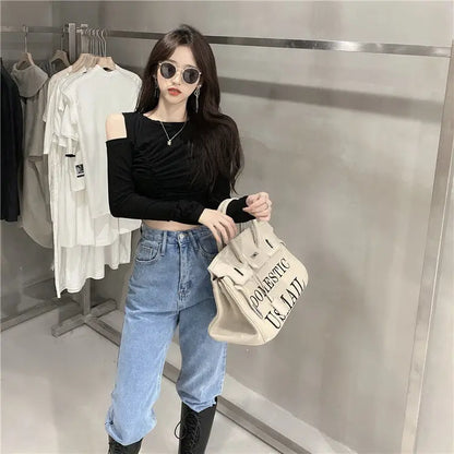 Women's T Shirts Off Shoulder Tees Sexy Plain Slim Black 2024 Tshirts 2000s Trend Female Tops Cool Wholesale Clothes Alt New In