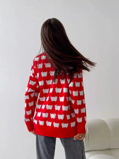 Women's Oversized Long Sweater, Cartoon Print, Loose, O Neck, Long Sleeve, Trendy Fashion, Winter