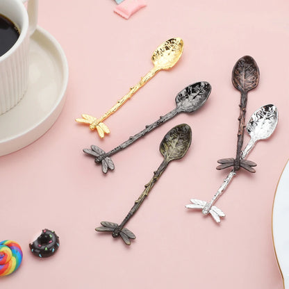 Retro Dessert Spoon Dragonfly Twig Decorative Stirring Spoon Alloy Leaf Spoon Lightweight Portable Coffee Tea Spoon Kitchen Tool