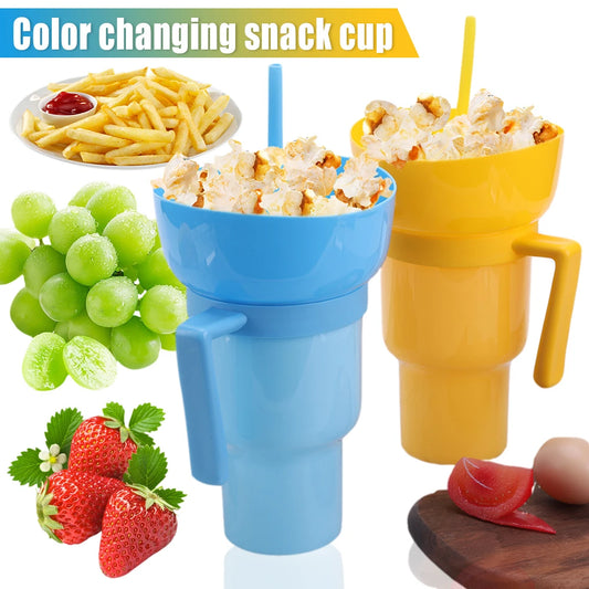 1000ml Snack Cups with Straw Leak-Proof Snack and Drink Cup Popcorn Beverage Cup 2 In 1 Color Changing for Cinema Home Travel