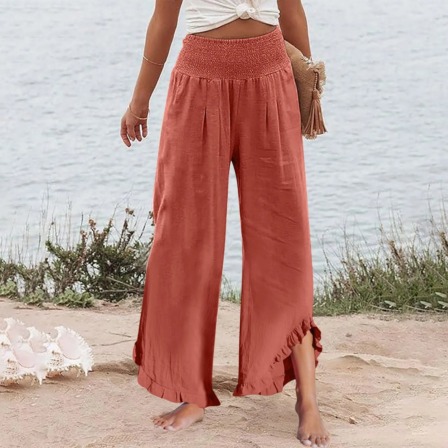 Summer Womens Palazzo Pants Summer Casual Flowy Wide Leg Trousers Beach Travel Vacation Outfits All Match Loose Baggay Pants