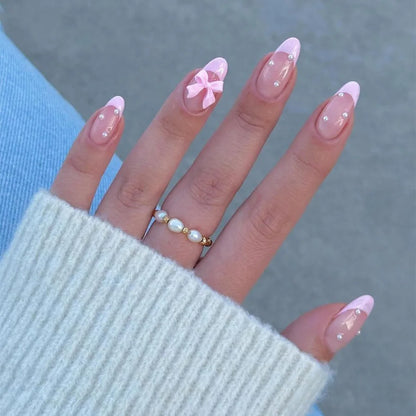 White French Short Press on Nails 3D Bowknot Designs Nude Color Fake Nails Artificial False Nails Tips for Woman DIY Manicure