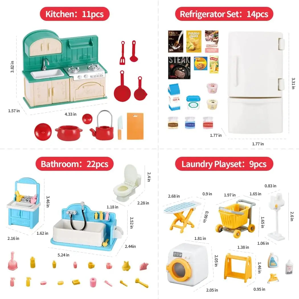 Dollhouse Furniture Set Doll house Bathroom/Kitchen/Fridge/Washing Machine Laundry Kids Doll House Miniature Pretend Play Toys
