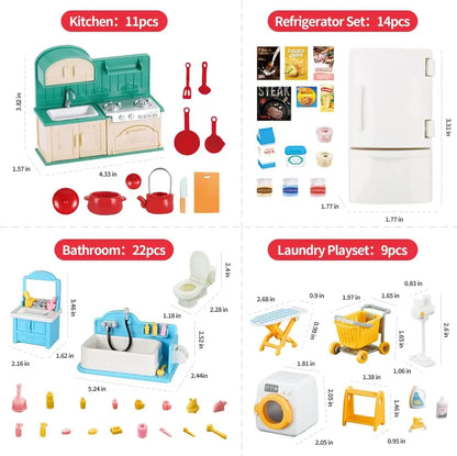 Dollhouse Furniture Set Doll house Bathroom/Kitchen/Fridge/Washing Machine Laundry Kids Doll House Miniature Pretend Play Toys