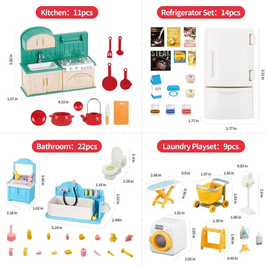 Dollhouse Furniture Set Doll house Bathroom/Kitchen/Fridge/Washing Machine Laundry Kids Doll House Miniature Pretend Play Toys