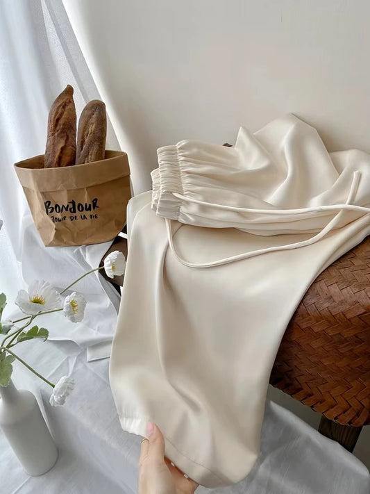 Women’s Satin Wide Leg Pants High Waist Drawstring Palazzo Pants for Work, Lounge, or Casual Wear