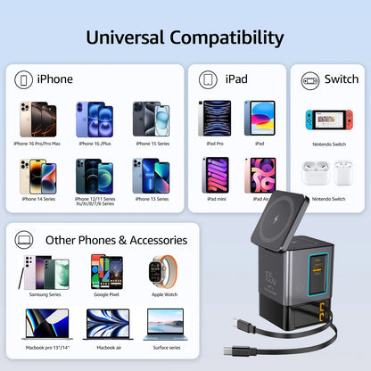 6-in-1 105W Charging Station with Retractable USB-C Cable Power Combo Tower for Multiple Devices Fast Charger for iPhone, Airpod