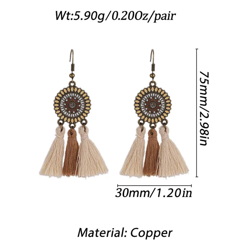 Bohemian Brown Geometric Fringe Earrings for Women Vintage Hollow Flower Beads Tassel Earrings Girls Party Jewelry Gifts