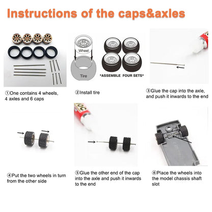 Kicarmod 1/64 Model Car ABS Wheels with Rubber Tire Metal Rims Front Small Rear Large Refitting Parts For Model Car Hot Wheels