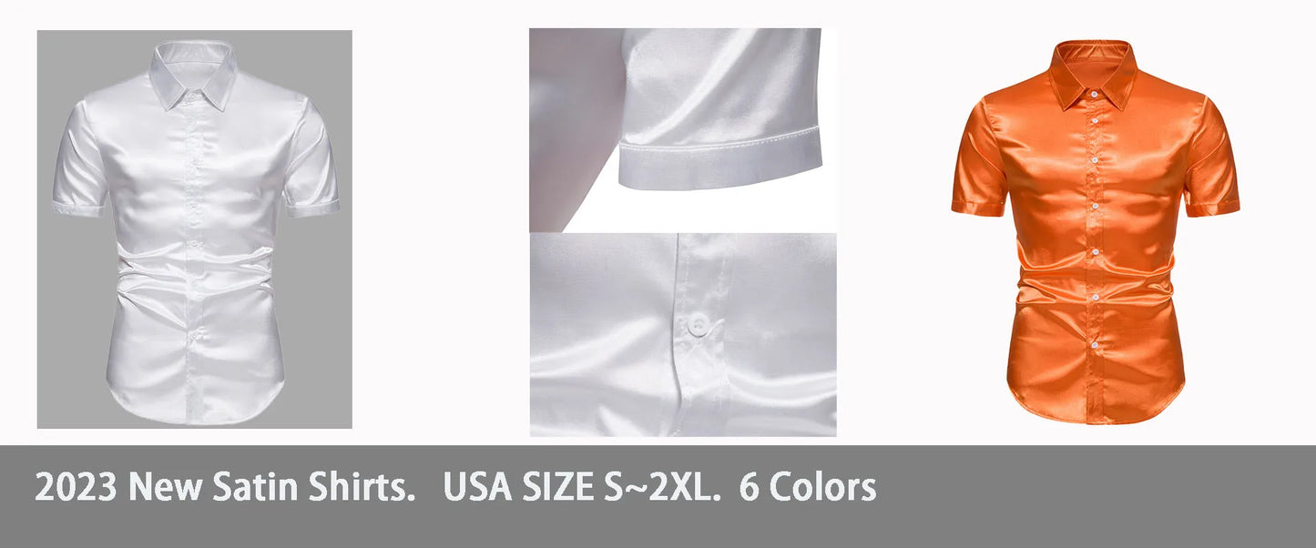 Black Mens Silk Dress Shirts 3Pcs(Shirt +Tie+Bowtie) Smooth Satin Shirt Men Slim Fit Party Prom Casual Shirts Men Social Camisa