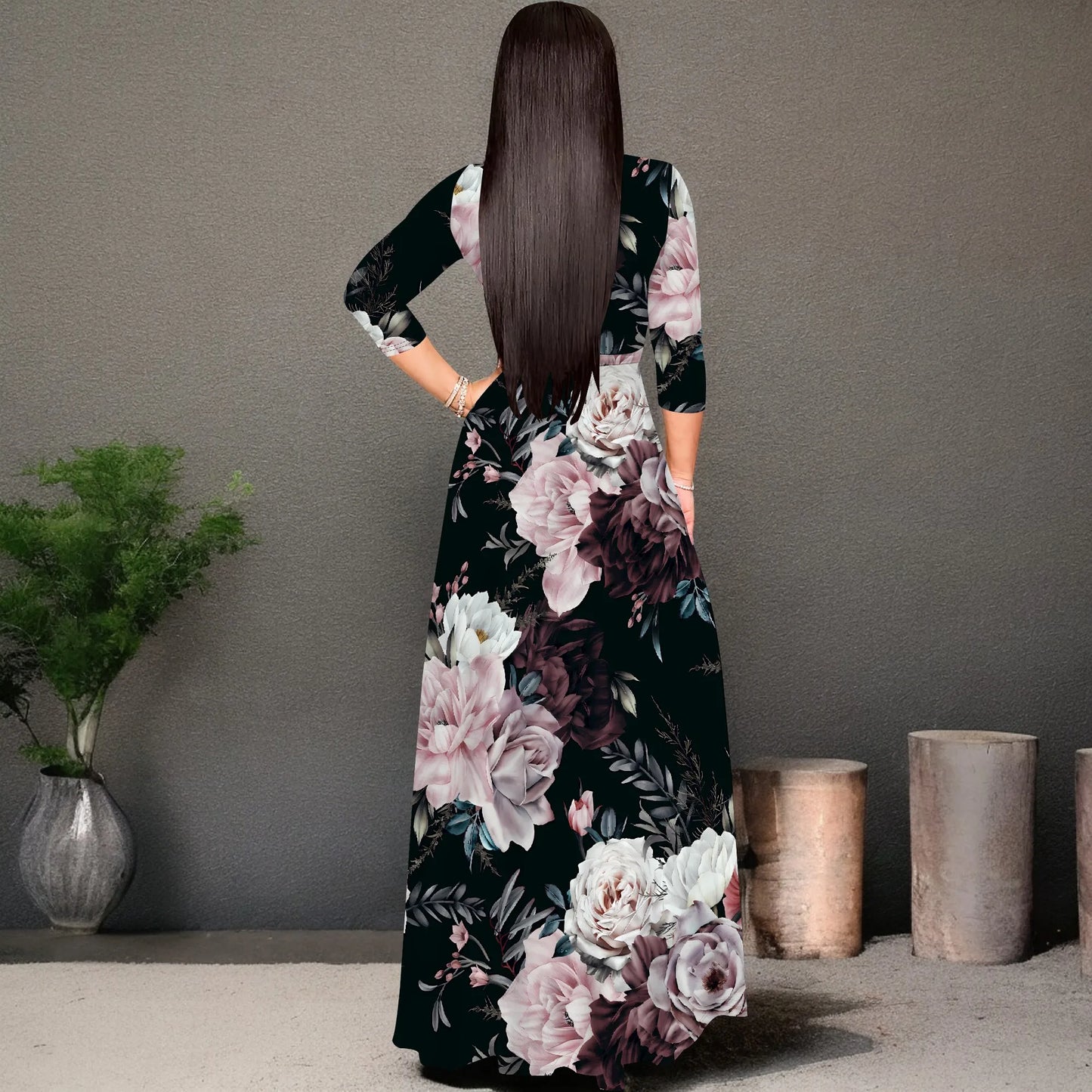 Women's Plus Size Maxi Dresses 3/4 Sleeves Bohemian Long Dress Printed Swing Dress with Belt