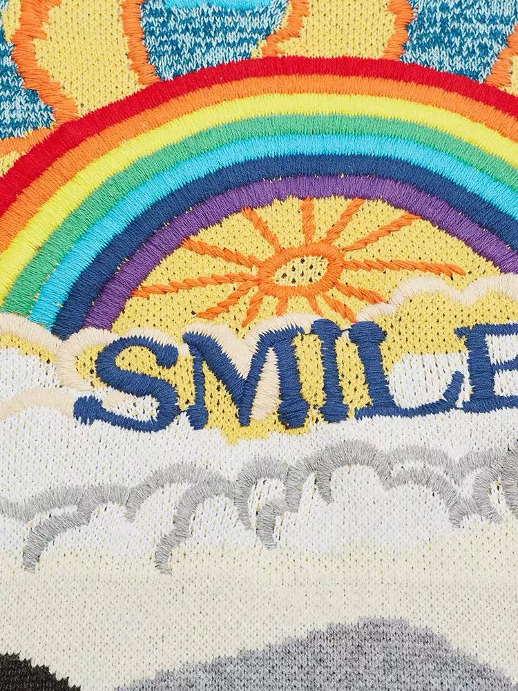 Oversized Sweater Women 2025 Fashion Rainbow Striped Embroidered Letters Knitted Pullovers Loose Casual Streetwear Tops C-119