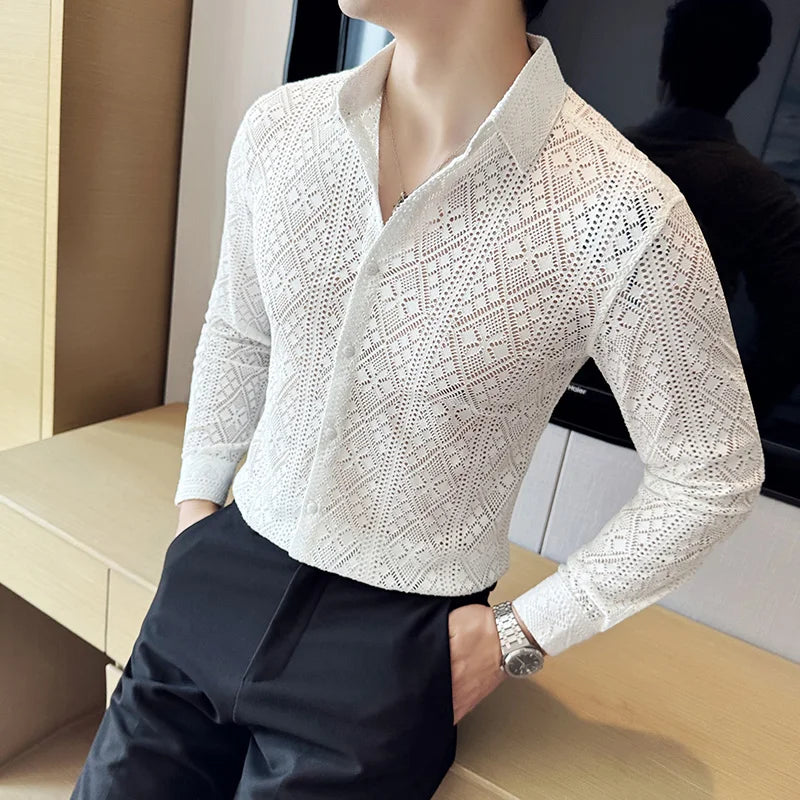 Quality Hollow Shirts For Men Korean Luxury Clothing Fashion Sexy Lace Men's Social Shirt Dress Slim Fit Long Sleeve Prom Tuxedo