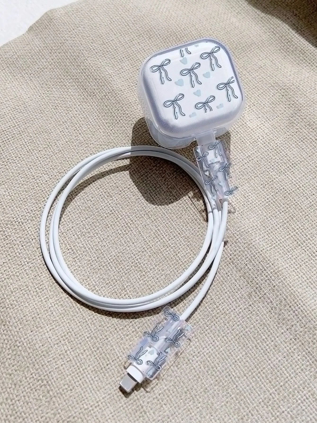 3-piece set Pink Bow Set Cable Protector for iPhone 20W UK HK Plug Charger Case Phone Wire Cord Organizers