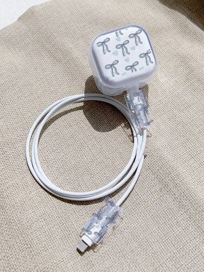 3-piece set Pink Bow Set Cable Protector for iPhone 20W UK HK Plug Charger Case Phone Wire Cord Organizers