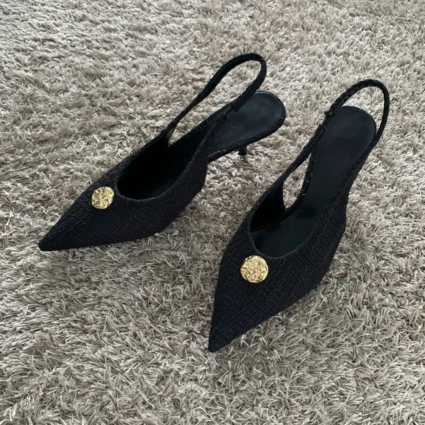 Fashion Women’s Black High Heels Sexy Pointed Shallow Mouth Pumps 2025 Spring Female Slingbacks Dress Office Shoes