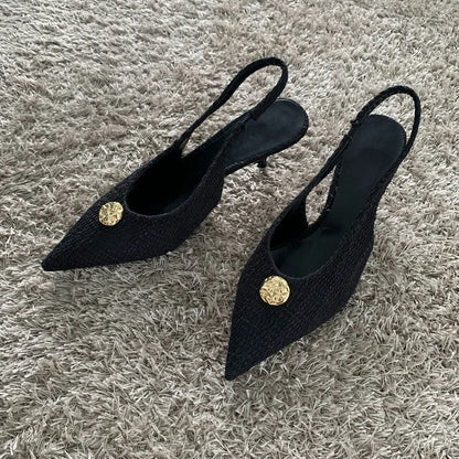 Fashion Women’s Black High Heels Sexy Pointed Shallow Mouth Pumps 2025 Spring Female Slingbacks Dress Office Shoes