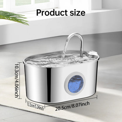 Stainless steel cat fountain, 74 oz/2.2 liters with water level windows and silent water pump for cats and puppies