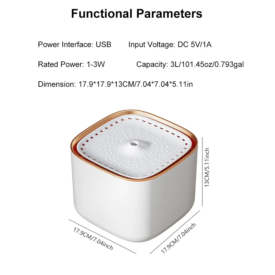 101oz/3L Pet Water Dispenser, Automatic Induction Circulating Filtering Cat Drinking Fountain, Prevent Slip Detachable Portable