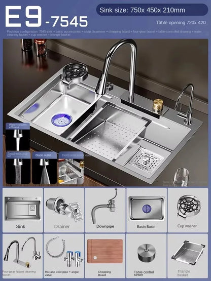 Nano 304 Stainless Steel Sink Waterfall Large Single Slot Kitchen Sink Vegetable Sink Stainless Steel Sink Household Sink