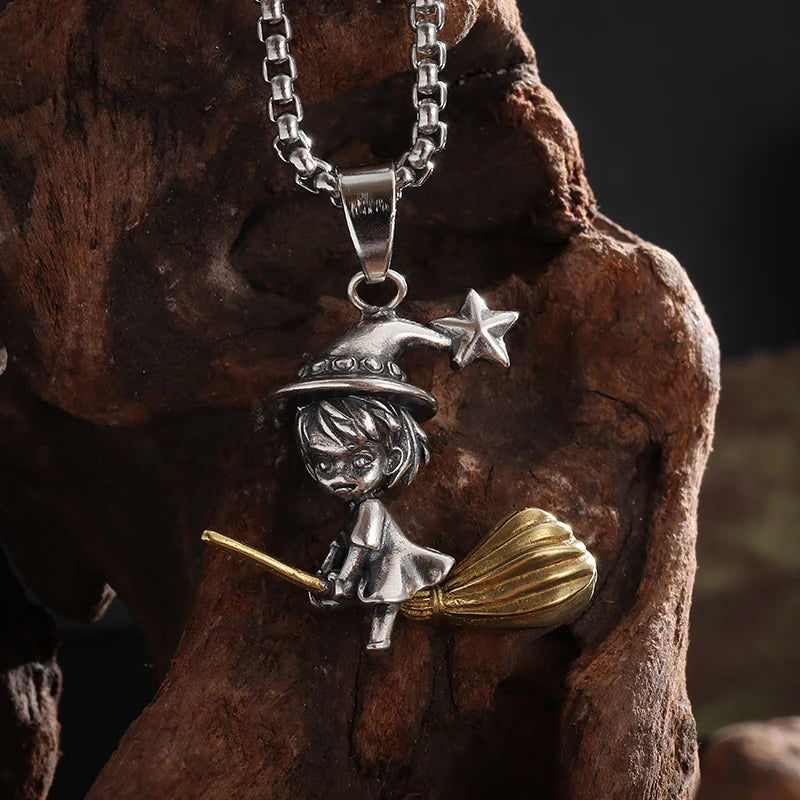 Exquisite Witch Broom Necklace Cute Magic Girl Pendant Men Women Rock Party Trendy Jewelry Halloween Gift