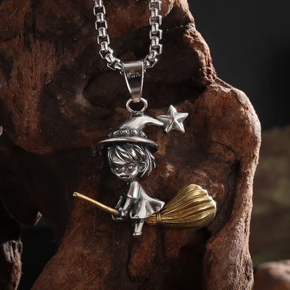 Exquisite Witch Broom Necklace Cute Magic Girl Pendant Men Women Rock Party Trendy Jewelry Halloween Gift