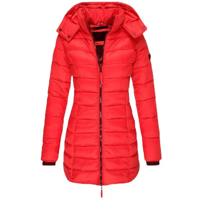 Winter Women's Cotton Jacket Medium Length Slim Fitting Cotton Jacket Warm Solid Hooded Cotton Jacket