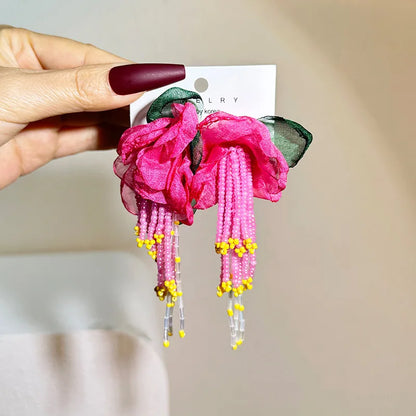 Bohemian Fabric Long Flower Earrings Big Statement Earrings Fringe Beads Drop Earrings Women Jewelry Handmade Vintage Earrings