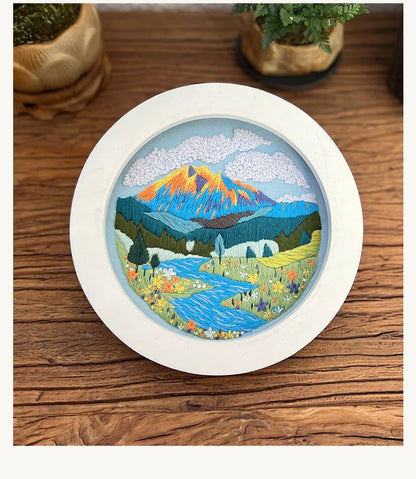 Embroidery Starter Kit for Adult Beginner with Landscape Mountain Nature Scenery Pattern Hand Set with Embroidery Cloth Needles