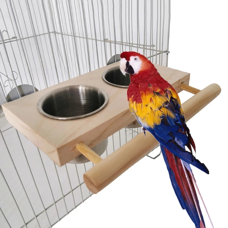 Bird Feeding Cup Hanging Parrot Feeder Stainless Steel Food Water Bowls with Platform Perch for African Greys Budgies Y5GB