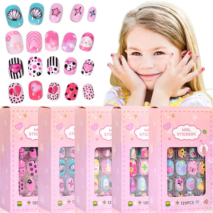 120Pcs Children's Press on Nails Kids Cartoon Acrylic Fake Nails Tips Kawaii Girl Full Cover Short False Nails With Jelly Glue#@