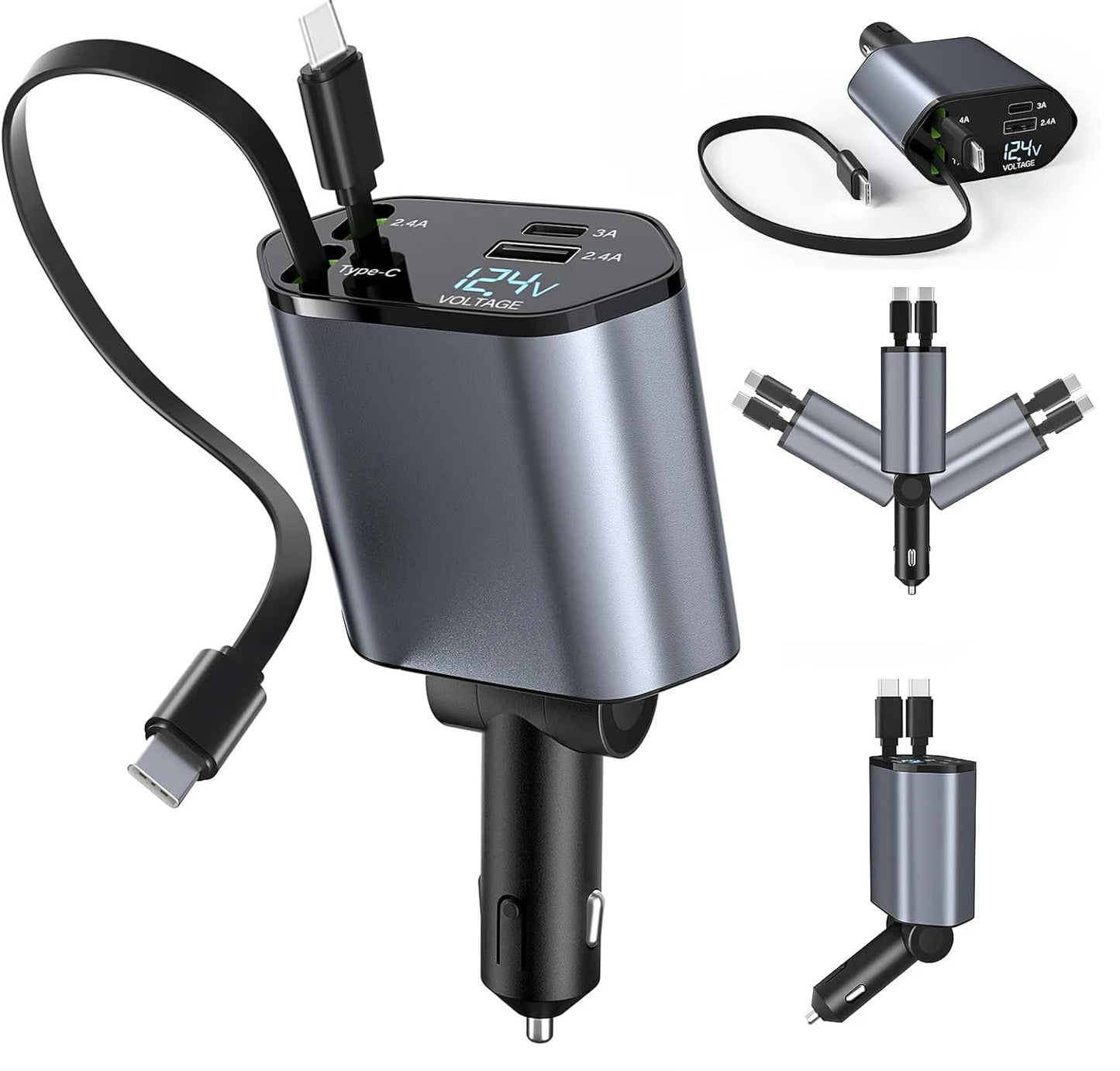 4-in-1 Vehicle Charger, 120 Watt Fast Charging, Retractable Cable, 2 USB Ports, Compatible with All Vehicles Dual TYPE-C