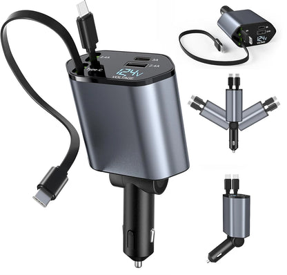 4-in-1 Vehicle Charger, 120 Watt Fast Charging, Retractable Cable, 2 USB Ports, Compatible with All Vehicles Dual TYPE-C