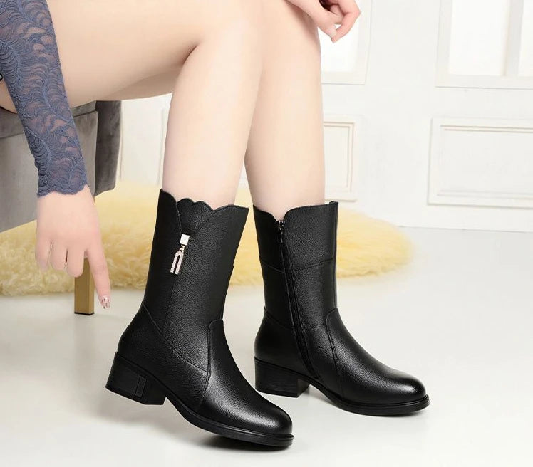 Footwear Half High Women's Boots Middle Heel Shoes for Woman Black Rhinestone Mid Calf Fashion 2024 Designer Luxury Goth Pu Boot