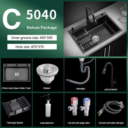 kitchen sink Black nano-sink single-slot household hand-washing basin kitchen large 304 stainless steel sink sink bowl