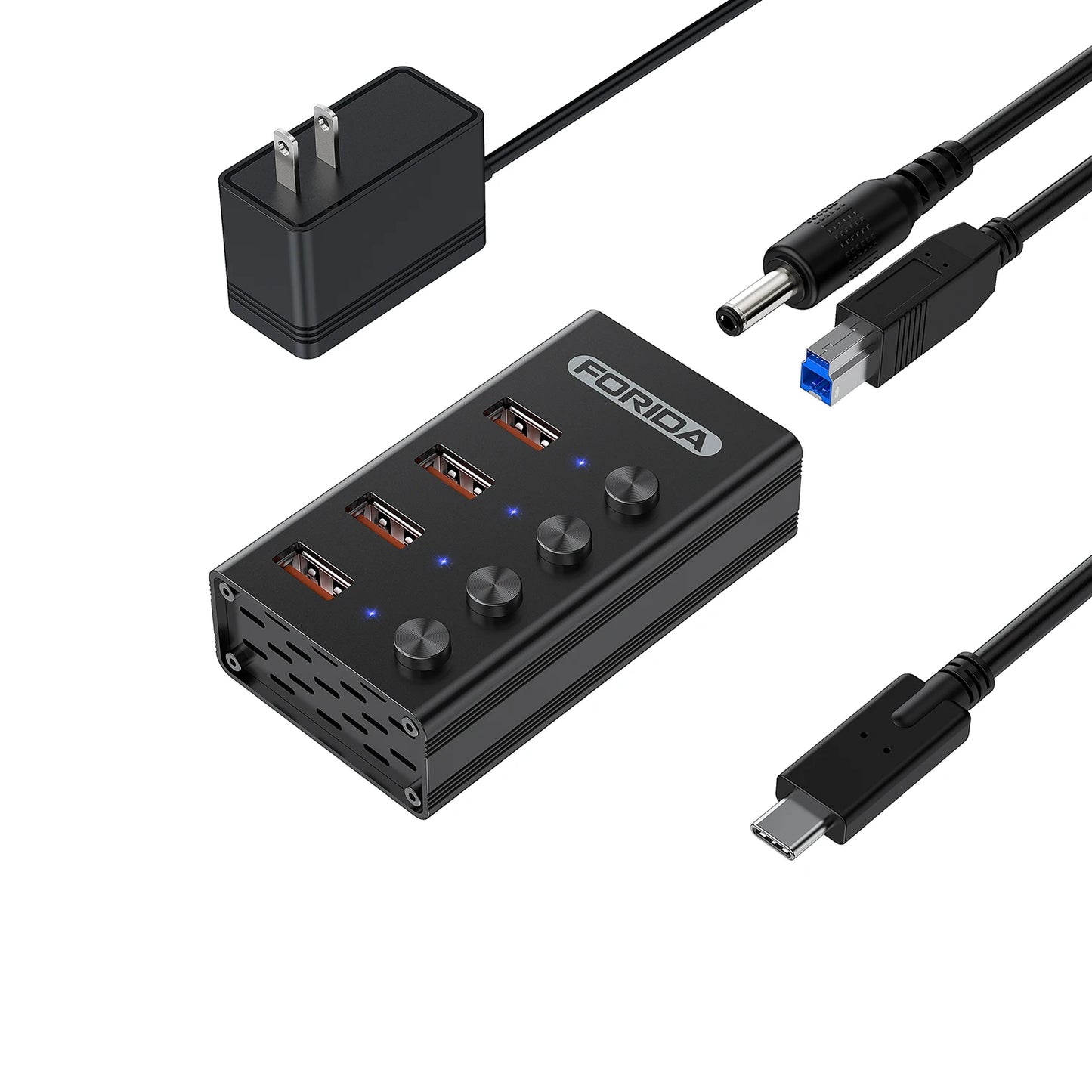 FORIDA USB C Hub 3.2 10Gbps 4/7 Port Aluminium Alloy Docking Stations Splitter LED Switches Adapter for MacBook Laptop Phone