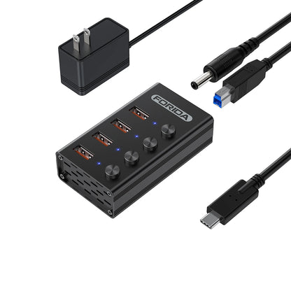 FORIDA USB C Hub 3.2 10Gbps 4/7 Port Aluminium Alloy Docking Stations Splitter LED Switches Adapter for MacBook Laptop Phone