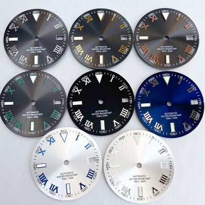 Grey Silver Sunburst 29mm Watch Dial fit NH35 NH35A NH36A Silver/Gold/Rose Gold/Green Roman Numerals Index Hand Set Watch Parts